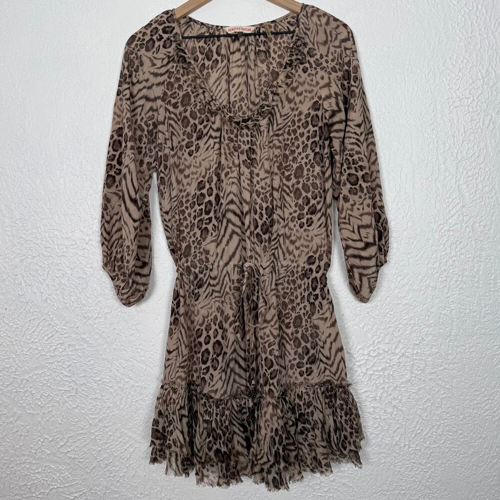 Rebecca Taylor Silk Leopard Print Raw Edge Mini Dress Mob Wife Size 8